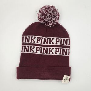 NWT PINK Victoria's Secret Logo Pom Beanie Burgundy